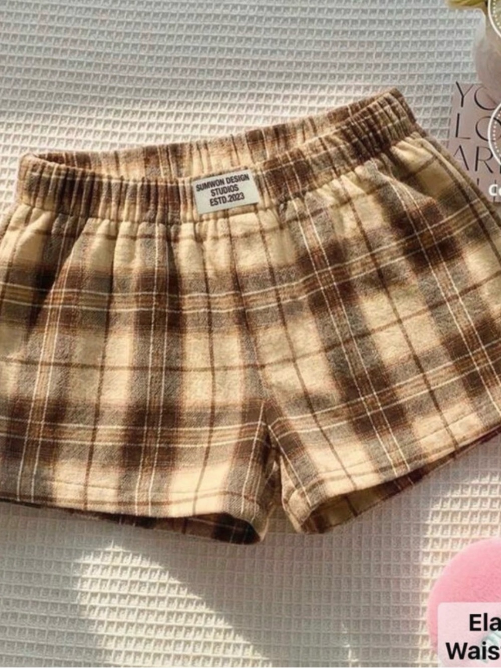 SHEIN Brown & Cream Plaid Elastic Waist Athletic Shorts